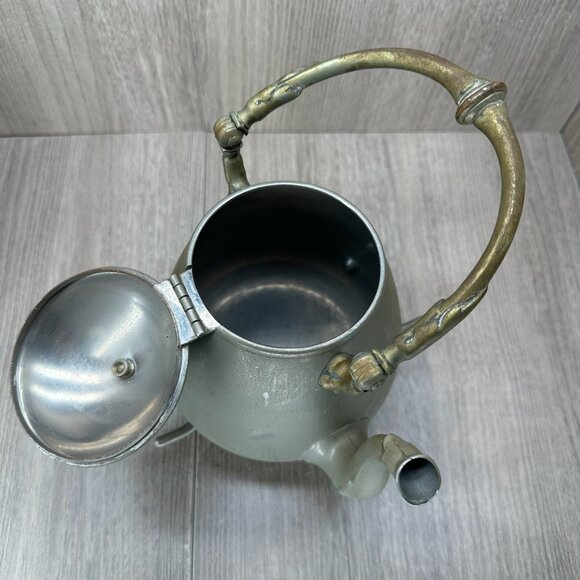 Vintage Decorative Metal Teapot with Ornate Brass Handle Hinged Lid Silver Tone - Picture 5 of 11
